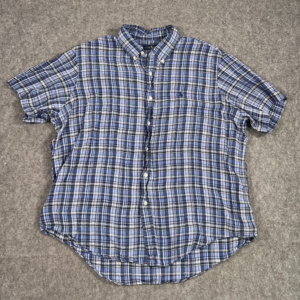 Ralph Lauren Blue Plaid Linen Short Sleeve Button Down Shirt Men's Size XXL